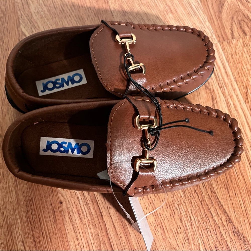 Josmo Brown Leather Look Boys Dress Loafers with Gold Buckle